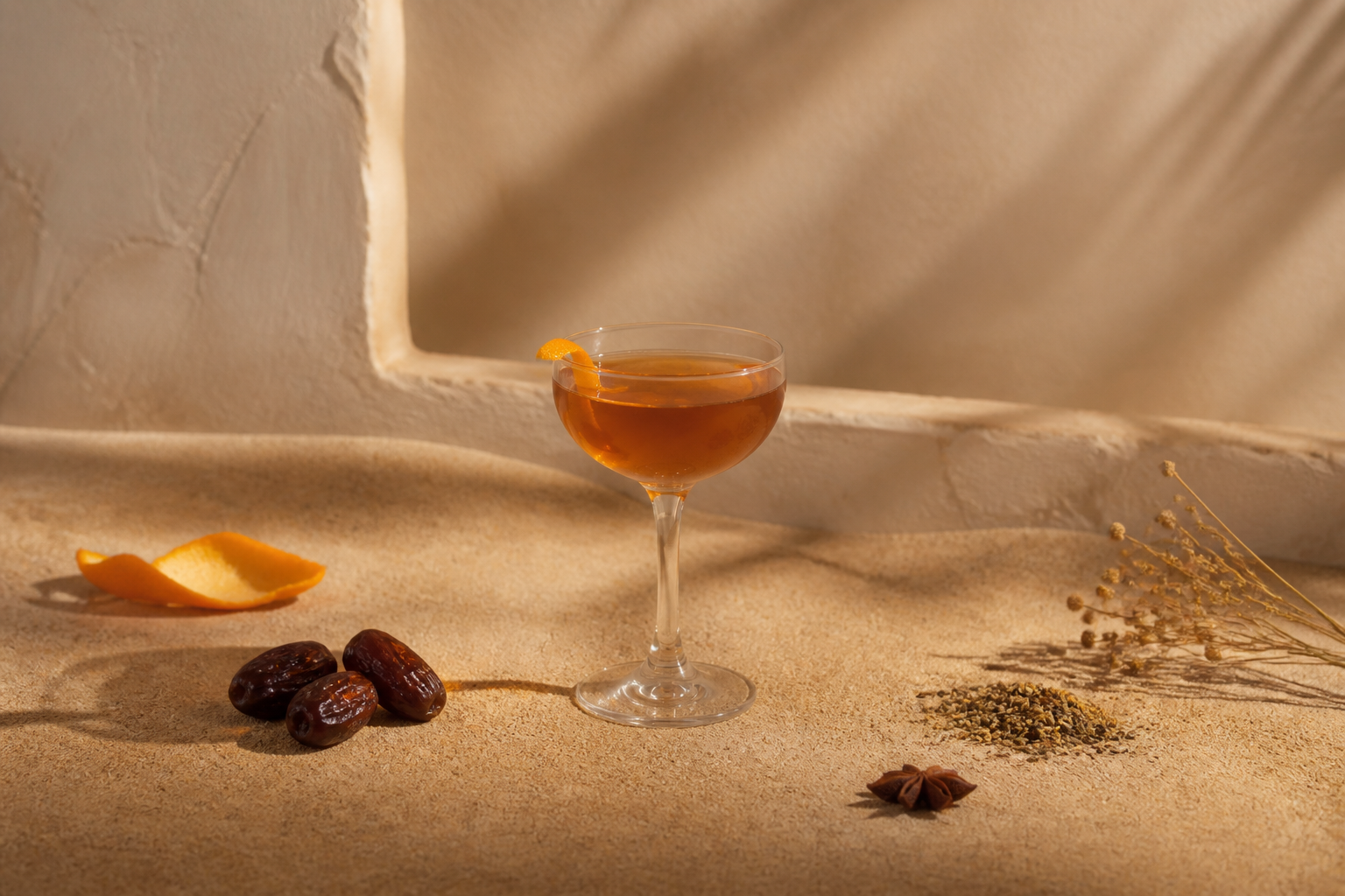 Autumn Date cocktail with its ingredients on sand