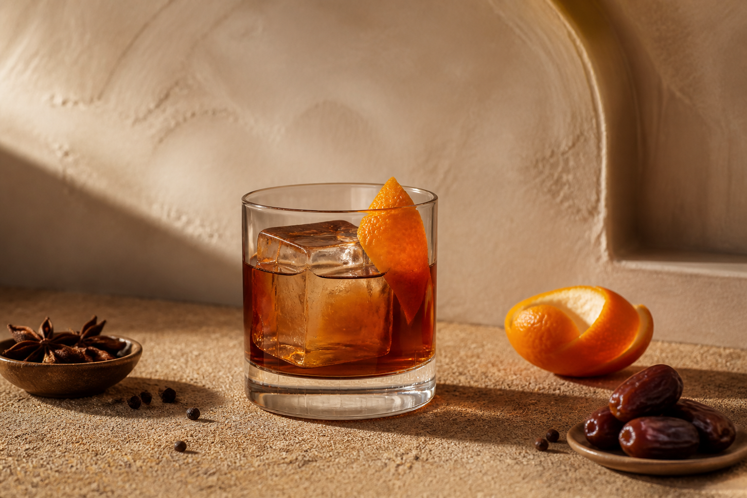 Elixir Old Fashioned cocktail with its ingredients on sand