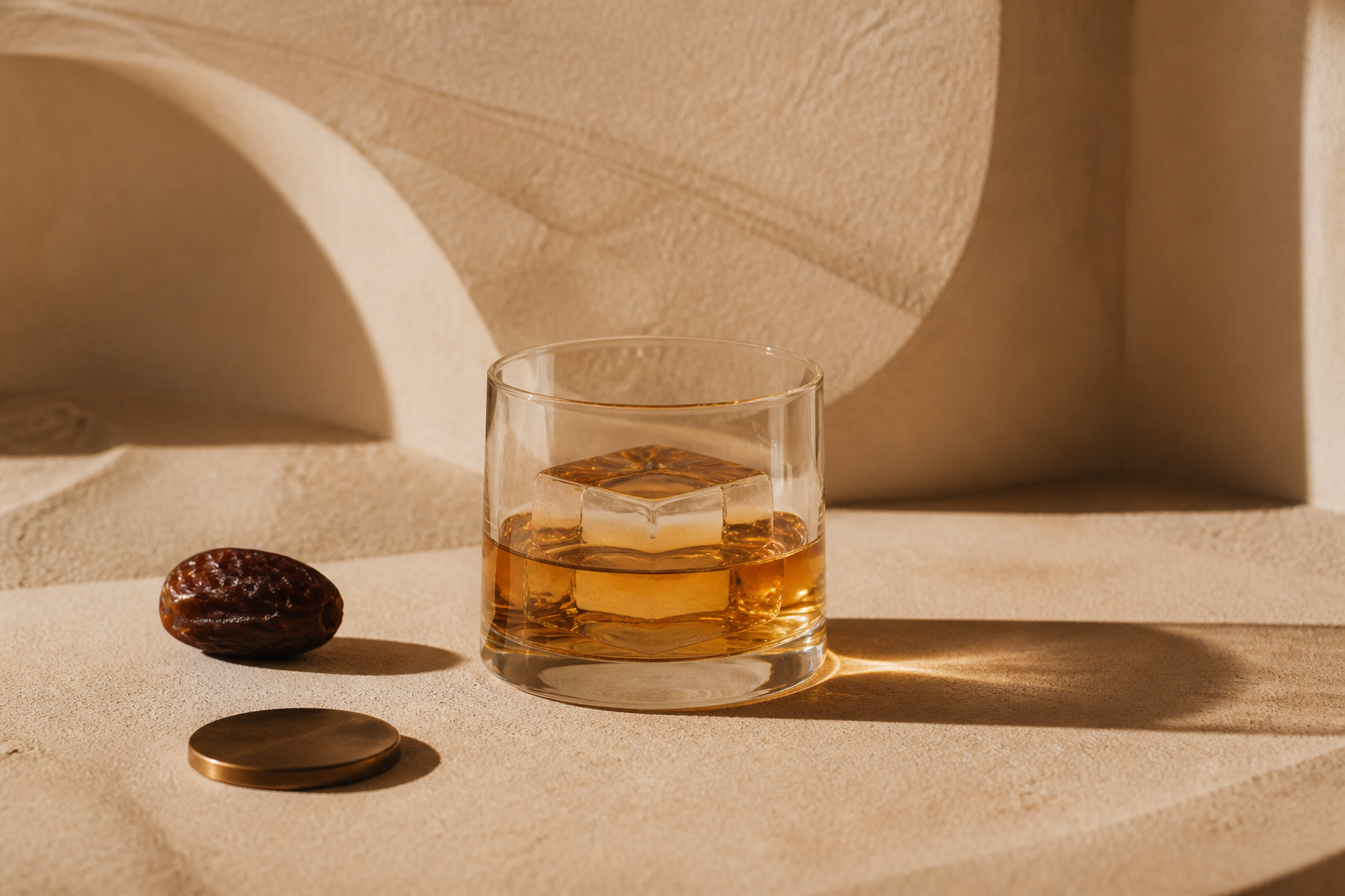 The Numbered Pour cocktail with its ingredients on sand